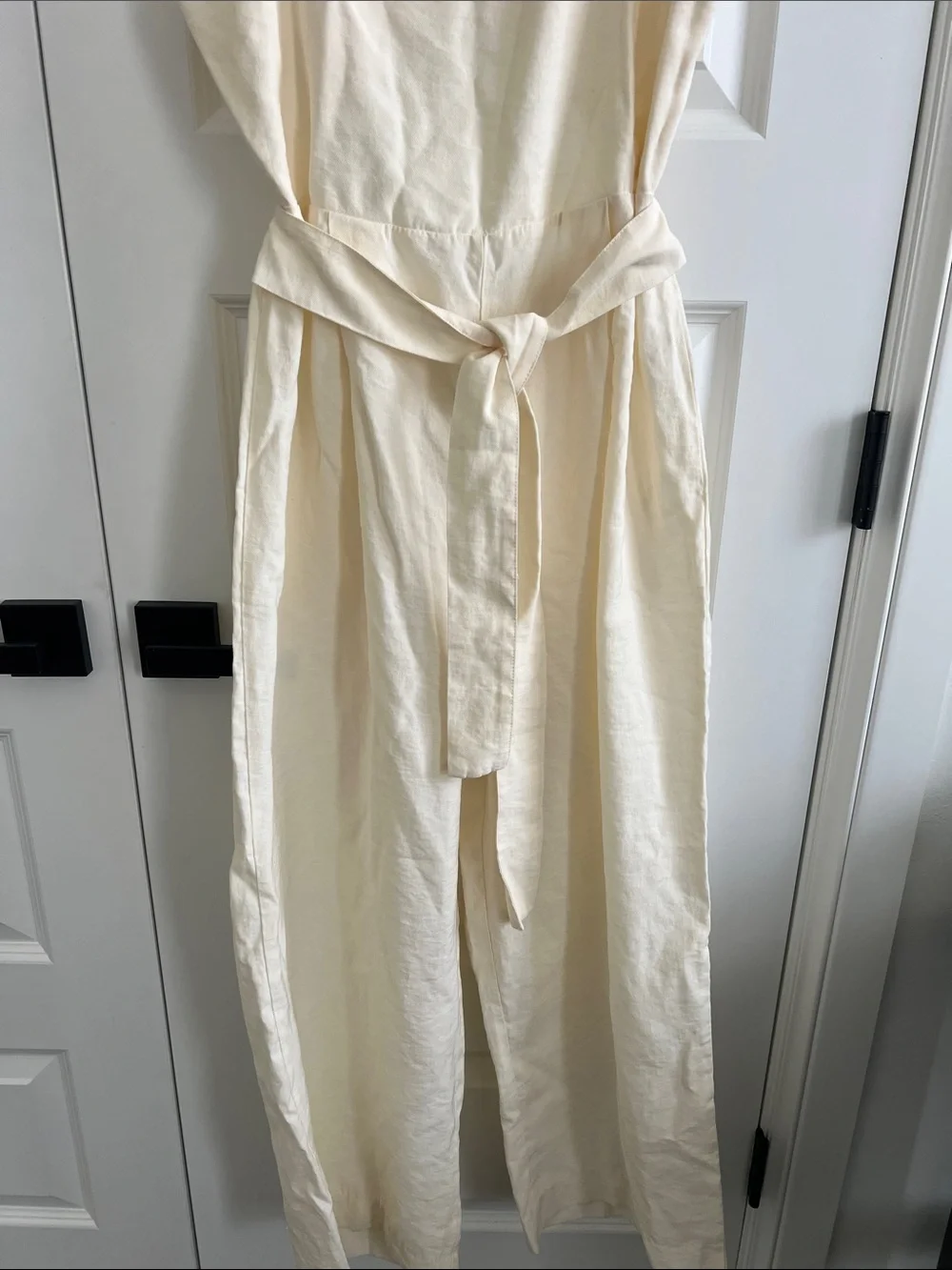 Zara Cream Sleeveless Linen-Blend Jumpsuit with Tie Waist